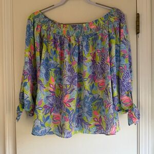 Lilly Pulitzer Womens Off The Shoulder Smocked Floral Butterfly Blouse Green M